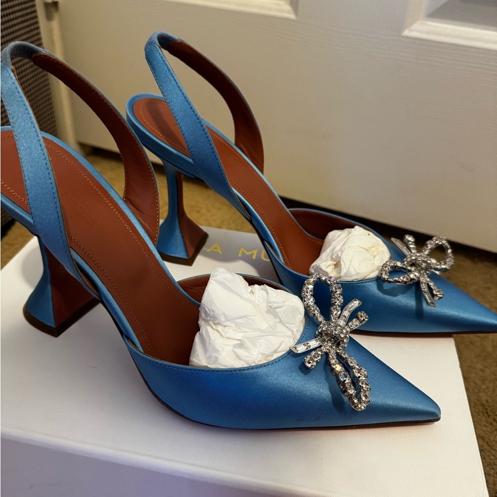 Amina Muaddi Blue Stiletto Heels with Crystal Bow - Picture 2 of 4